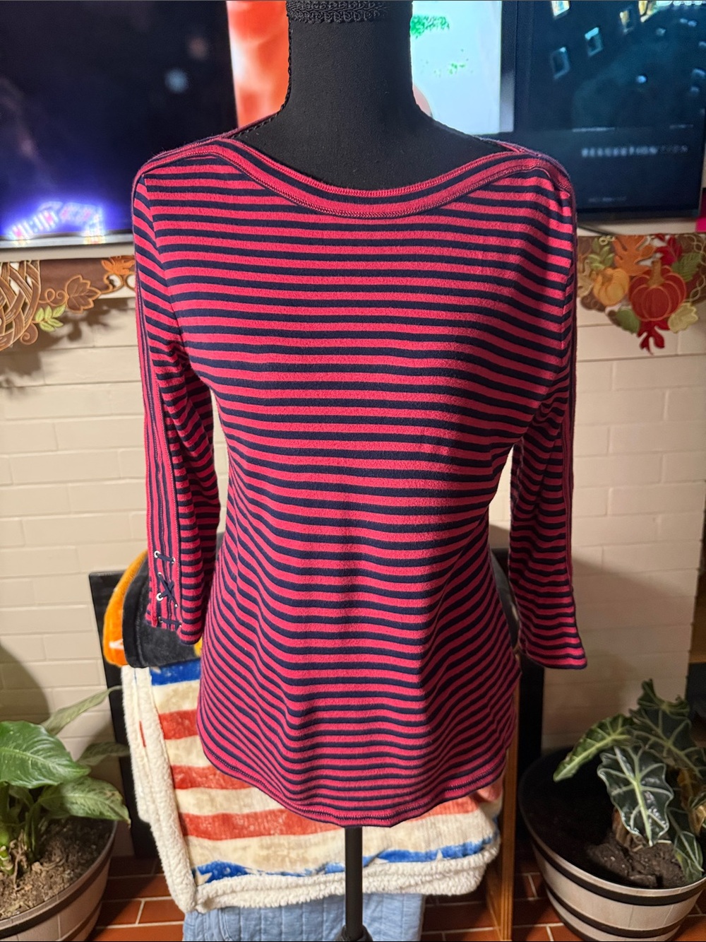 Chaps Red & Black Striped Crewneck Top